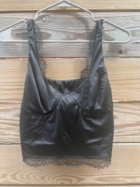 aerie Black Satin Bralette with Lace Trim